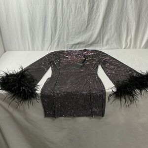 Sequin Feather Cuff Mini Dress - Black